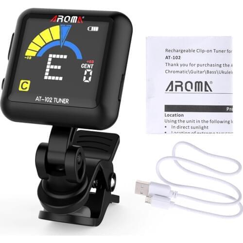 AROMA AT-102 Rechargeable Clip-on Guitar Tuner Color Screen with Built-in Battery USB Cable for Chromatic Guitar Bass Ukulele