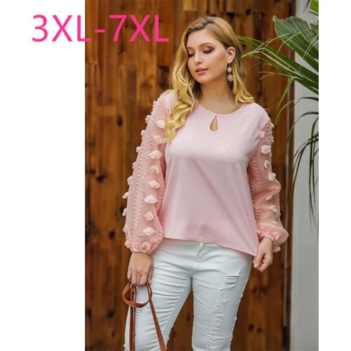 New 2021 spring summer plus size tops for women large blouse casual loose long sleeve pink chiffon shirt 3XL 4XL 5XL 6XL 7XL