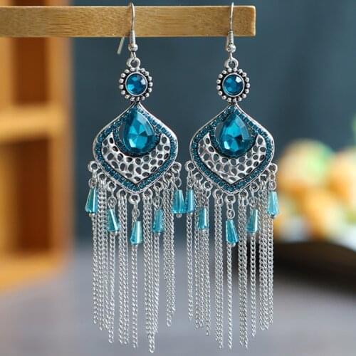 Korean Fashion Bohemian Earrings 2021 Trend Vintage Drop-shaped Alloy Inlaid Rhinestone Crystal Bead Chain Tassel Women Earrings