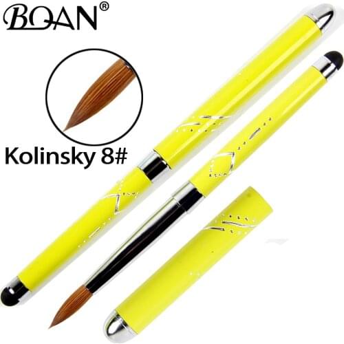 BQAN 1PCS 100% Kolinsky 8# Nail Brush Screen Touch Design Yellow Metal Handle Good Gathering Kolinsky Acrylic Nail Brush