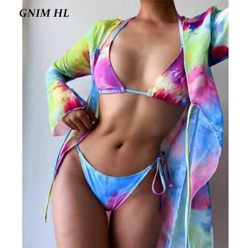 GNIM Three Piece Triangle Bikini Swimwear Women 2021 Sexy Print Swimsuit Female Cover Up New Arrival Bandage Bather Suit Biquini