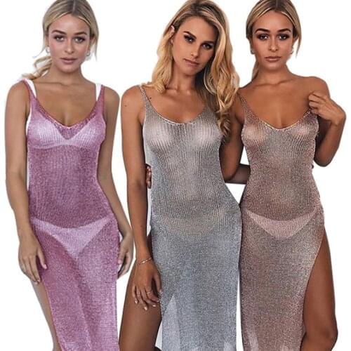Sexy Sheer Net Mesh Knitted Glitter Female Women Robe Tunic Beach Cover Up Cover-ups Long Beach Dress Beach Wear Beachwear