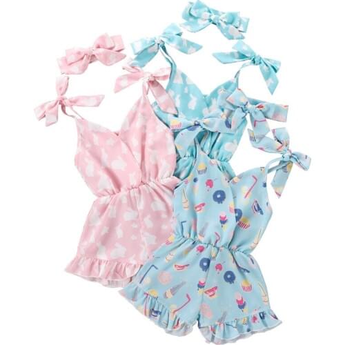 Easter Printed Bodysuit For Girls Infant Sleeveless Jumpsuit + Bow Headband Cute Bunny Pattern Elastic Waist Kid Summer Clothing
