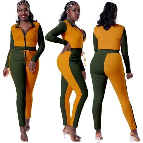 Color Contrast Tracksuit Women Two Piece Set Autumn Clothes Zipper Up Coat Crop Top and Pants Sweat Suits Casual Jogging Outfits