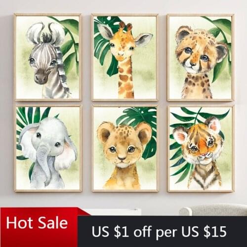 Cute Lion Giraffe Tiger Zebra Green Leaf Animal Nordic Canvas Painting Posters And Prints Wall Art Decor Pictures Kids Room Deco