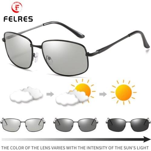 FELRES Mens Metal Frame Photochromic Polarized Sunglasses Outdoor Driving Cycling Anti-Glare UV400 Glasses With Box 207