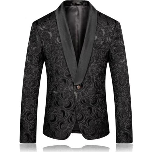 Mens Fashion Black Jacquard Rose Blazer Slim Fit Suit Jacket