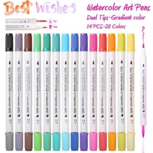 14 Pcs Watercolor Art Marker Set Double Color Brush Marker Pen (28 Colors)