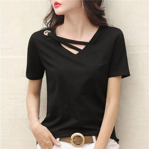 New Summer Short Sleeve Women White T-shirt V-neck Loose Korean Black Top Casual Compassionate Trend T Shirt Women Pure Color