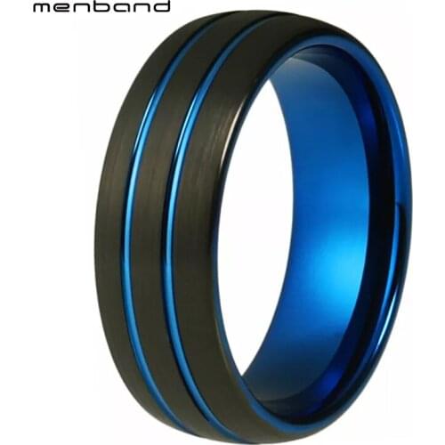 Men Women Tungsten Wedding Ring Black Blue Ring Domed Grooved Brushed Finish 8MM Comfort Fit