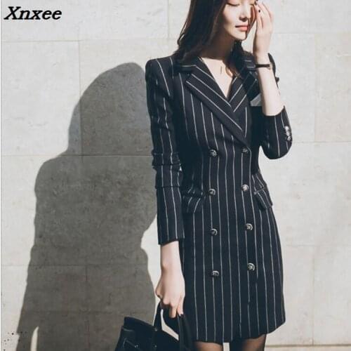Office lady slim striped blazer women dress medium-long elegant work suits long sleeve female blazer feminino jacket coat Xnxee