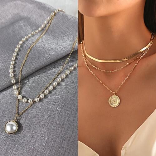 New Bohemian Multi Layered Crescent Star Moon Necklace for Women Fashion Geometric Necklace Women Pearl Choker Golden Jewelry
