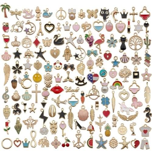 110pcs Assorted Plated Enamel Animal Plant Fruit Moon Star Random Charms Pendants for DIY Necklace Bracelet Jewelry Making