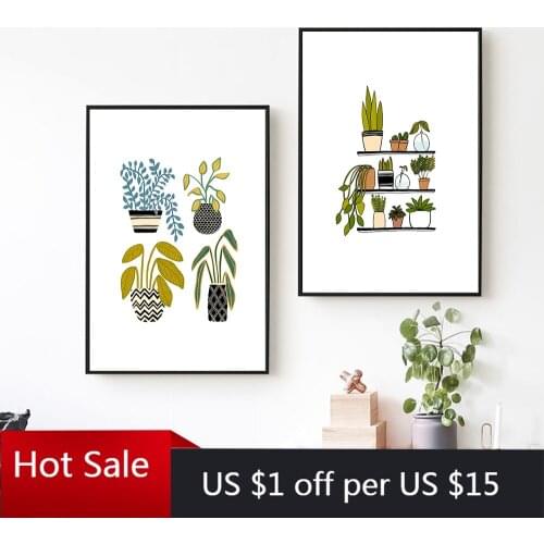 Simple Shelves Houseplants Poster Green Potted Plants Decorative Picture Modern Wall Decor Art Canvas Painting Home Room Decor