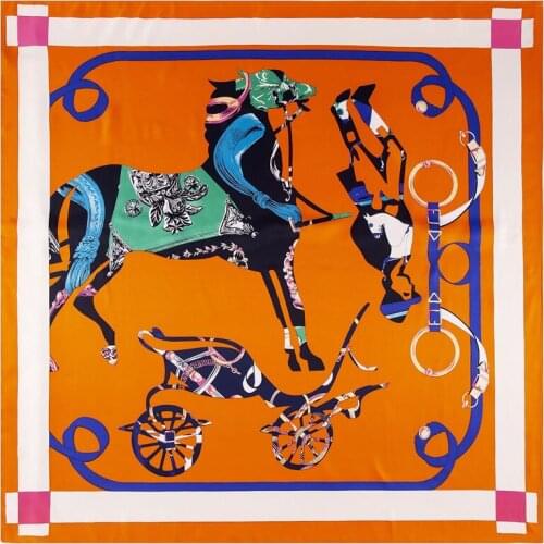 130cm Luxury 100% Silk Scarf Women Large Shawls Horse Carriage Print Stoles Square Bandana Big Kerchief Scarf Female Foulards