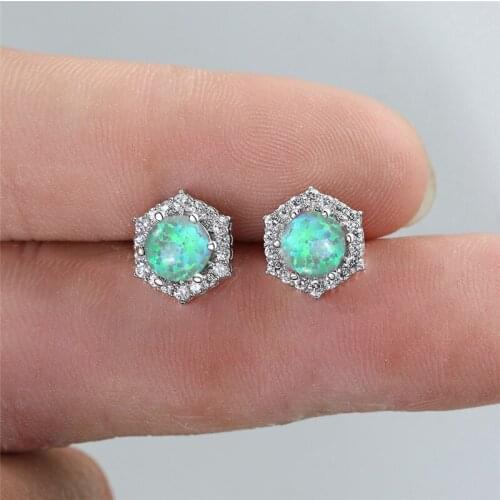 Rainbow Round Stone Earrings Blue Green Purple Opal Stud Earrings Vintage Silver Color Small Earrings For Women Wedding Jewelry