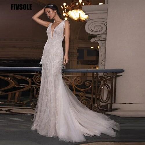 Noble Glitter Sequins Tulle Mermaid Wedding Dress Bride Dress 2021 Sexy V-Neck Backless Bridal Gowns Elegant Vestido De Noiva