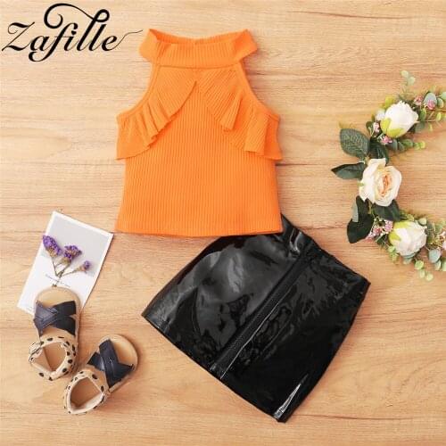 ZAFILLE Baby Girl Skirts Set High Neck Top and Leather Skirts Toddler Girls Clothes Set Fashion Summer Leather Girl Outfits