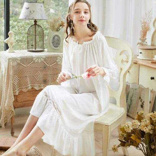 White Long Sleeve Cotton Nightdress Ladies Summer Autumn New Lace Nightgown Cute Ruffles Princess Home Dress Loose Sleepwear