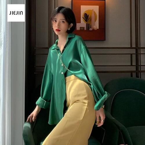 2020 Women Fashion Long Sleeves Satin Blouse Vintage Femme V Neck Street Shirts Elegant Smooth Silk And Satins Tops xxl