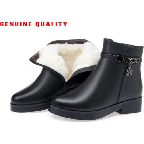 Wool Women Snow Boots Warm Fur Warm Plush Solid Fashion Ankle Boots High Heel Leisure Genuine Leather Women Winter Boots