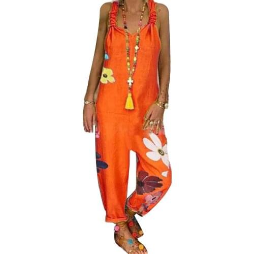 Women Sleeveless Bib Overall Backless Floral Print Loose Jumpsuit Dungarees Loose Jumpsuit Dungarees 2021