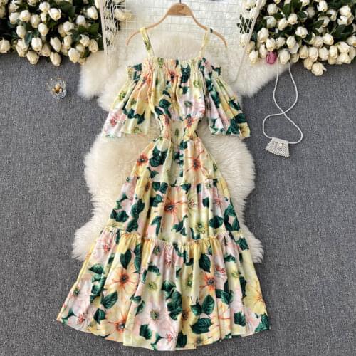 2021 New Summer Women Sexy Off Shoulder Speaker Sleeve Strap Dress Fashion Flowers Print Big Hem Elastic Slim Long Dress