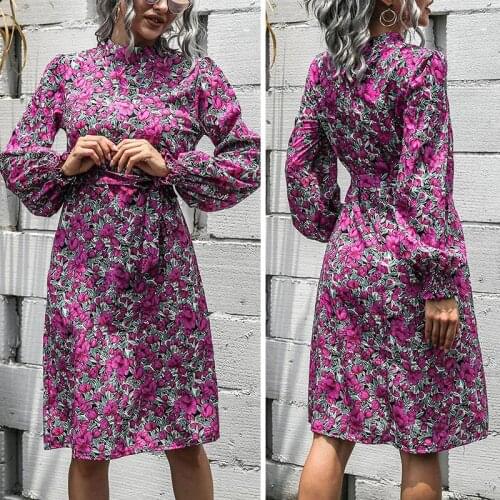 Women Stand-Up Collar Puff Sleeve Dress Floral Print Lace Up A-Line Dress Midi Dress Vintage Midi Bud Dress Purple