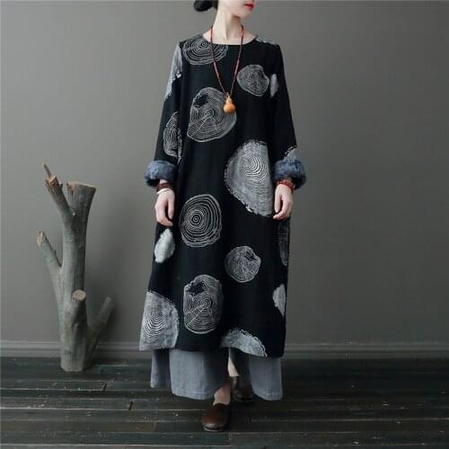 Johnature Women Cotton Linen Dress Vintage Thick Fleece Robes Print Floral 2020 Winter New Warm Long Sleeve Jacquard Dresses