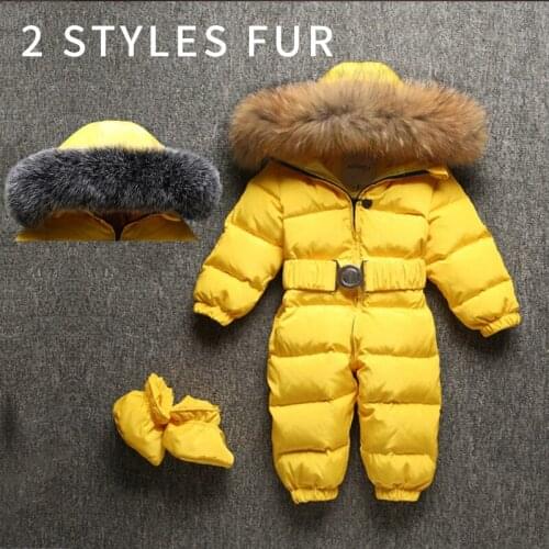 Winter Warm Baby Girls Rompers Down Fur Hooded Boys Jumpsuits Outdoor Children Overalls Onesie Toddler Snow Clothes -10 degrees