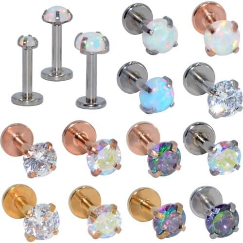 1PC Internally Threaded Prong Round Opal Zircon with flat bottom Labret Stud Ear Tragus Cartilage Earring Lip Ring Piercing