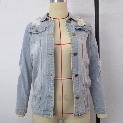 European American Autumn Women Outwear New Fashion Plus Size M-5XL Lapel Denim Coat Casual Ripped Jacket