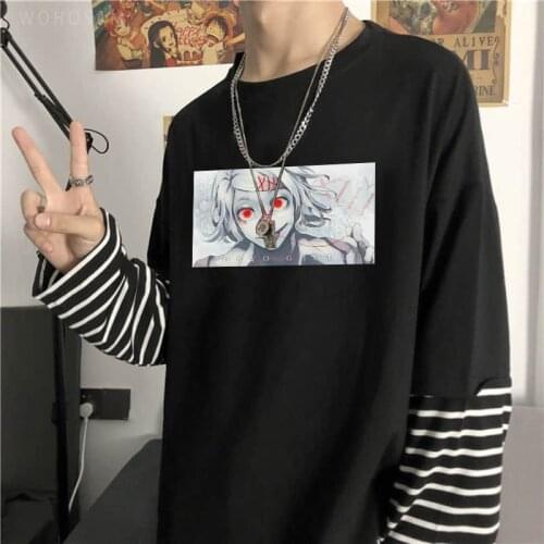 Funny Anime Tokyo Ghoul CCG Juzo Suzuya / Rei Long Sleeve T Shirts Male Harajuku Manga Horror Graphics Summer Striped T-Shirts
