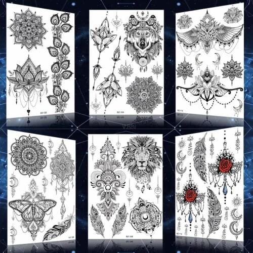 Henna Mandala Flower Waterproof Tattoos Stickes For Women Girls India Wolf Body Arm Temporary Custom Tattoo Fake Black Tatoos