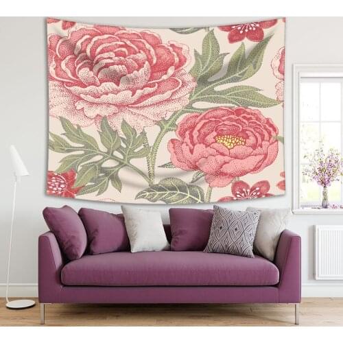Tapestry Peonies Flowers Summer Garden Floral Pattern Victorian Style Classic Decorative Artwork Pink Green