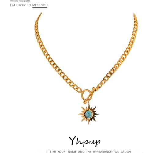 Yhpup Exquisite Sun Flower Pendant Necklace Stainless Steel Golden 18 K Chain Choker Women Necklace Bijoux Femme Accessories