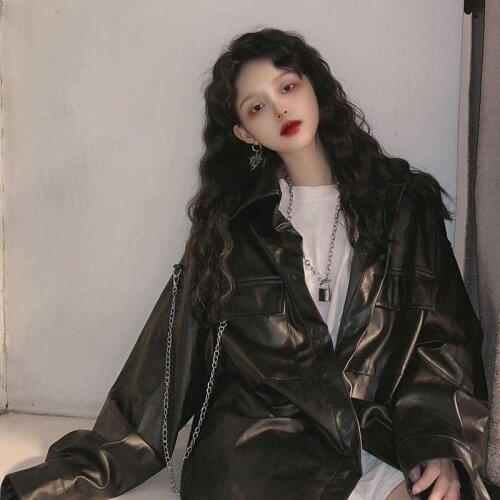 RR PU Leather Coats Women Fashion High Imitation Leather Chain Jackets Women Elegant Moto Biker Coats Female Ladies JW