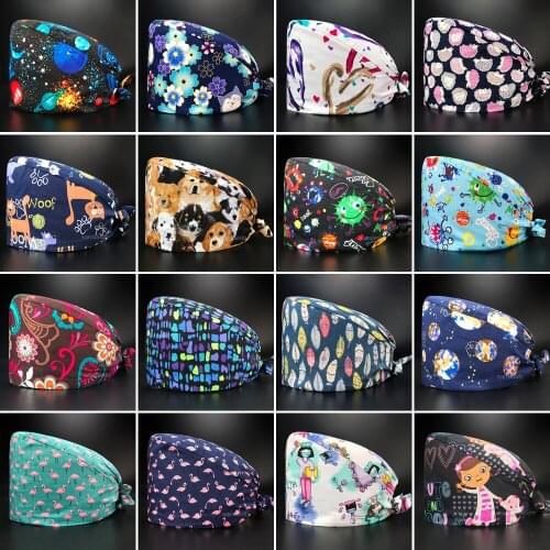 Multicolor Pure cotton Breathable cartoon Floral printing Scrub hat pet shop laboratory working hat beauty salon cute Scrub Caps