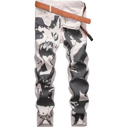 New Mens male Khaki fashion casual Painting Printed Jeans Fashion Girl Cock Painted Slim Straight Denim Pants trousers