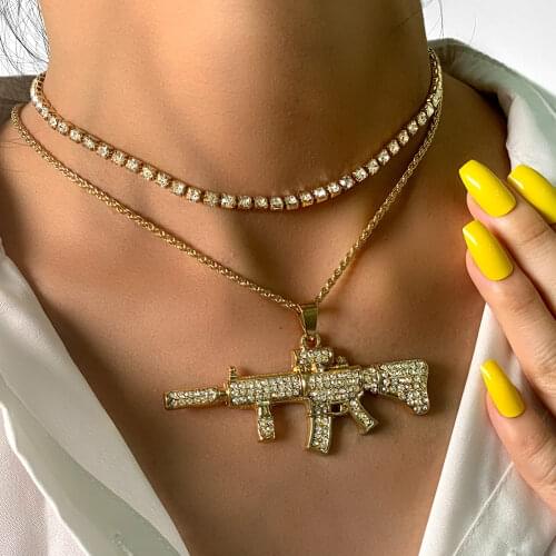 Iced Out Submachine Gun Crystal Tennis Choker Necklaces For Women Men Punk Metal M4 AK47 UZI Pendants Necklace Jewelry Wholesale