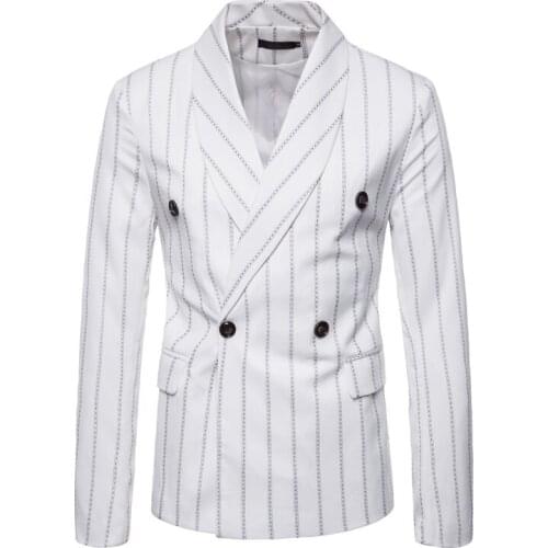 Mens Vertical Striped Double Breasted Suit Jacket Slim Fit Notched Lapel Elegant Blazer Business Wedding Party Blazer Masculino