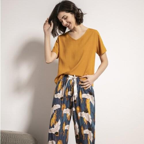 JULYS SONG Floral Printed Pyjama Sleepwear Female Casual V Neck Short Sleeve Elastic Waist Nightwear Retro Womens Pajamas Sets