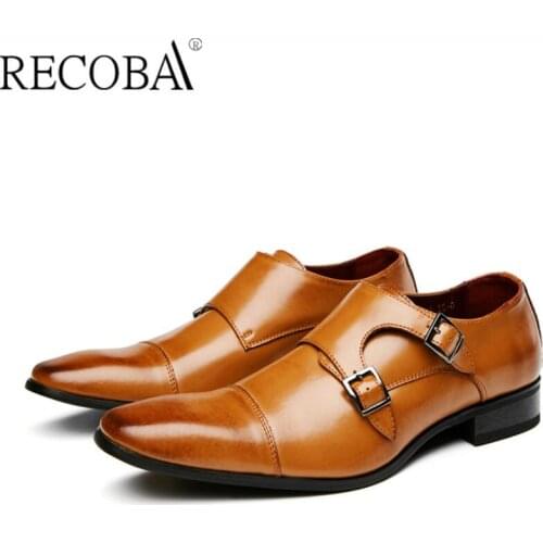 RECOBABusiness leather shoes men dress shoes casual real leather shoes tri-junction Munk buckle casual wedding shoes 2