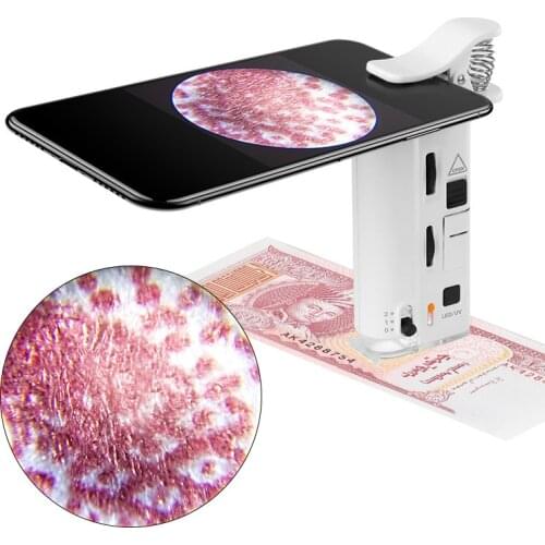 60X-100X Adjustable Zoom Clip-on Phone Magnifier Magnifying Lens with 1 LED lights and UV Light Mobile Phone Camera Clip