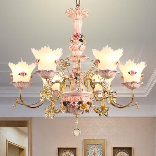 French luxury crystal chandelier living room bedroom Princess Room childrens room European pink flower ceramic Chandelier