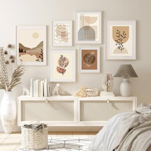 Scandinavian Scenery Leaf Poster Geometric Abstract Line Wall Art Landscape Painting Canvas Print Wall Picture Living Room Decor