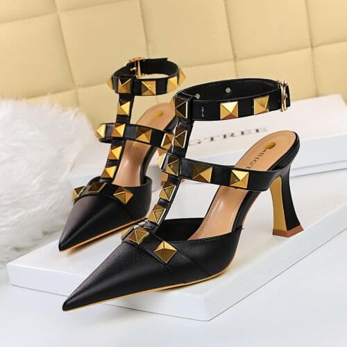 Womens Shoes Rivets Sandals Female Summer 10CM Thick with Fine with High-heeled Shoes Pointed Stiletto Sexy Nightclub Word