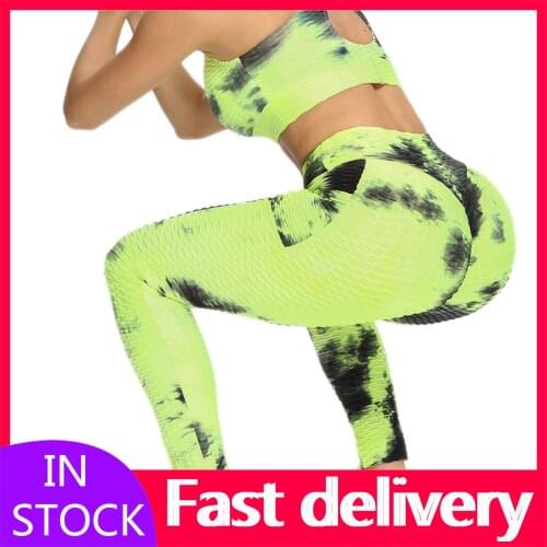 #VO Bubble Tie-dye Print Leggings Women With Pocket Breathable Hip Lifting Exercise Running Gym Jeggings Female Yoga Pants