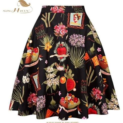 SISHION Plus Size Cotton Black Skirt VD0020 High Waist A Line 50s 60s Swing Rockabilly Pinup Flare Runway Floral Skirts Womens