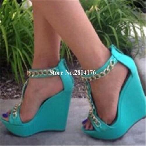 Women Summer New Fashion Open Toe Gold Metal T-strap High Platform Wedge Sandals Blue White Black Super High Wedges Sandals